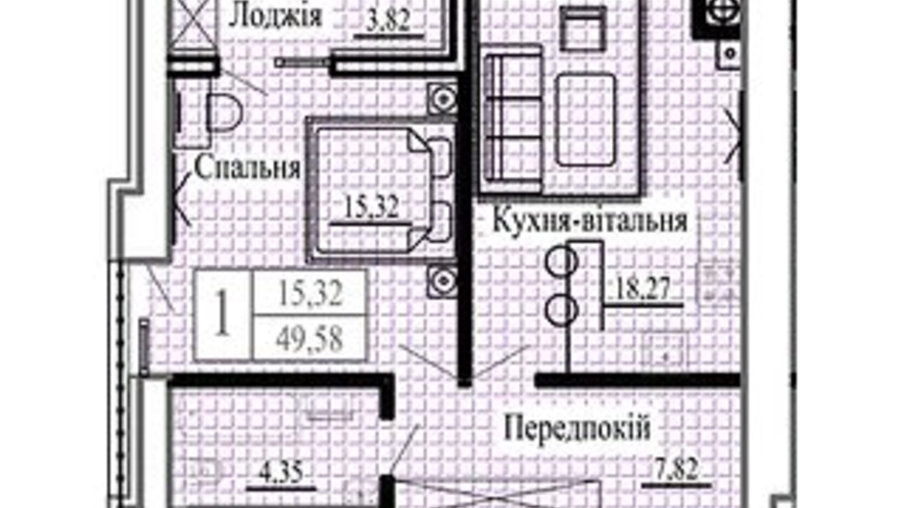 Планування 1-кімнатної квартири в ЖК Сонячний 49.58 м², фото 596285