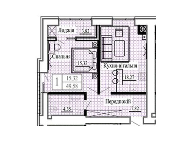 ЖК Сонячний: планування 1-кімнатної квартири 49.58 м²