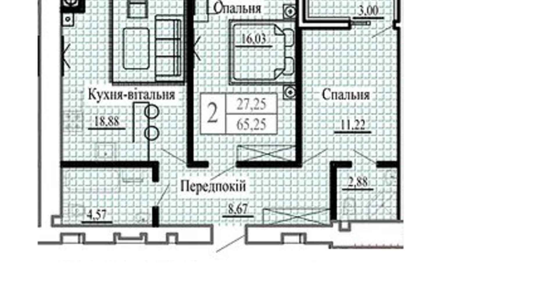 Планування 2-кімнатної квартири в ЖК Сонячний 65.25 м², фото 596287