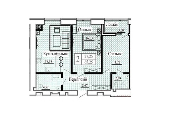 ЖК Сонячний: планировка 2-комнатной квартиры 65.25 м²