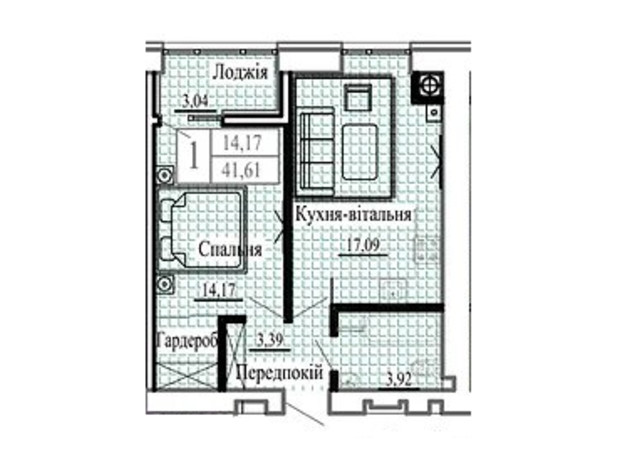 ЖК Сонячний: планировка 1-комнатной квартиры 41.61 м²