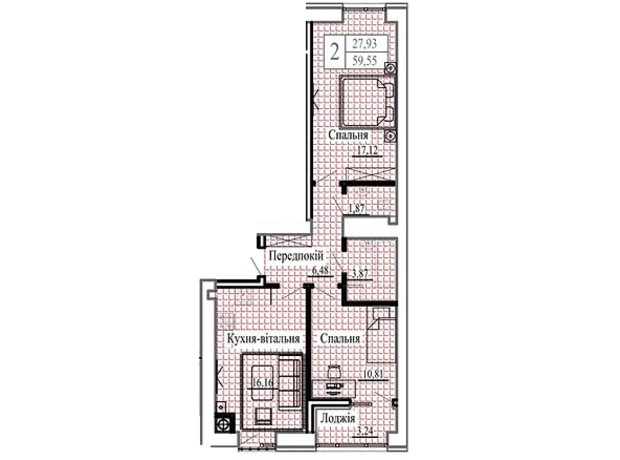 ЖК Сонячний: планировка 2-комнатной квартиры 59.55 м²