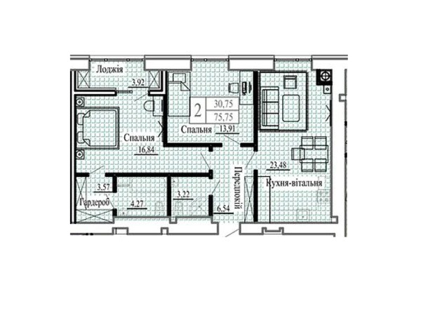 ЖК Сонячний: планировка 2-комнатной квартиры 75.75 м²