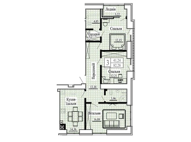 ЖК Сонячний: планировка 3-комнатной квартиры 82.28 м²