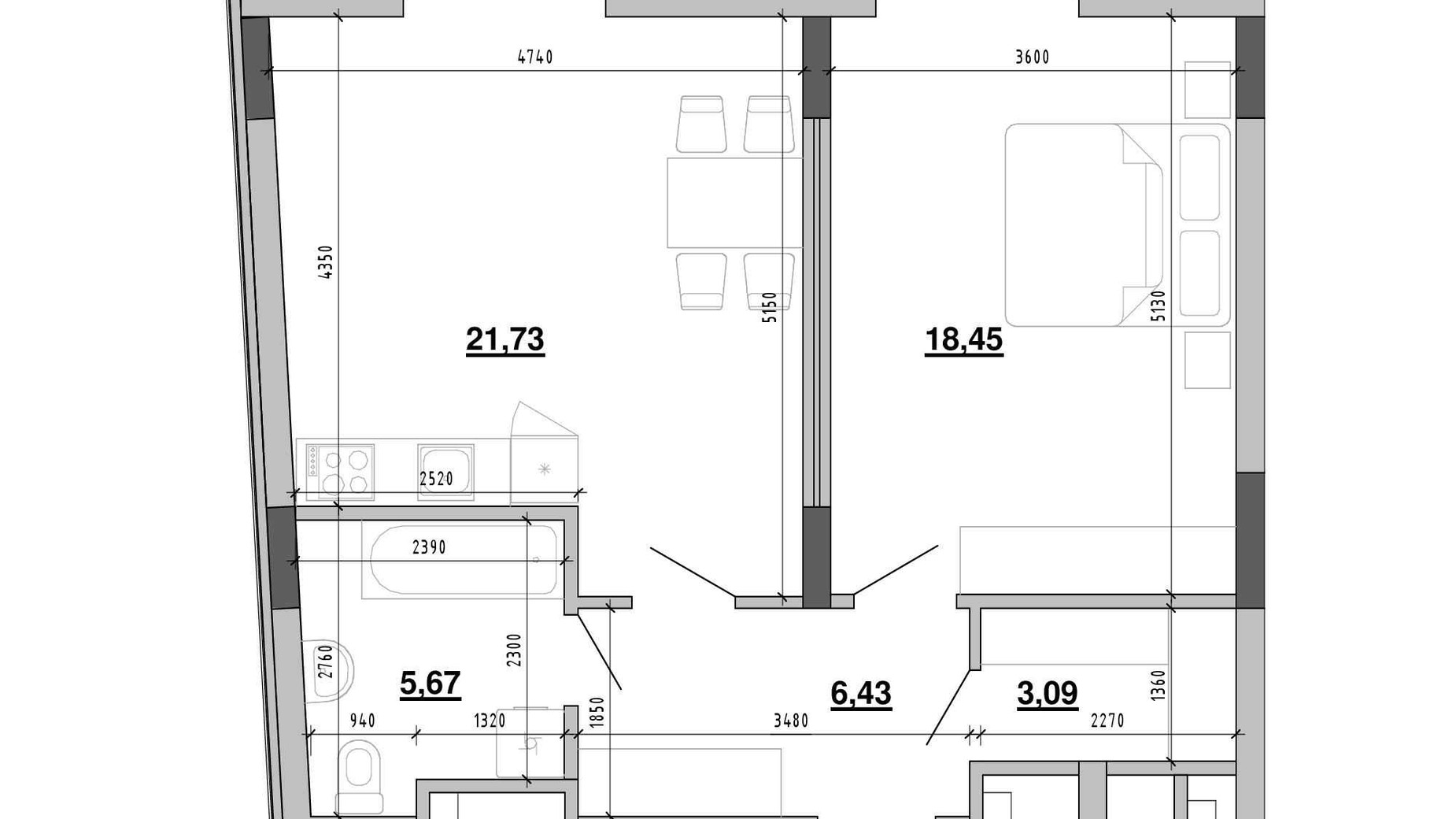 Планування 1-кімнатної квартири в ЖК Містечко Підзамче 55.37 м², фото 596504