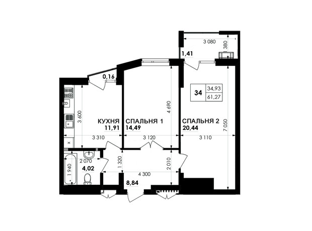 ЖК Soloway: планування 2-кімнатної квартири 61.26 м²