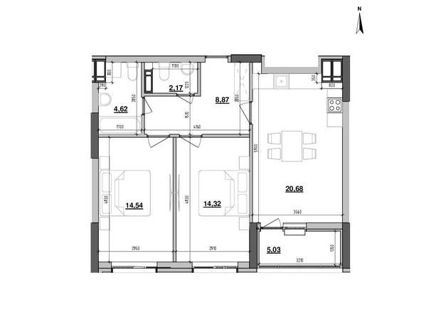 ЖК Maxima Residence: планировка 2-комнатной квартиры 70.19 м²