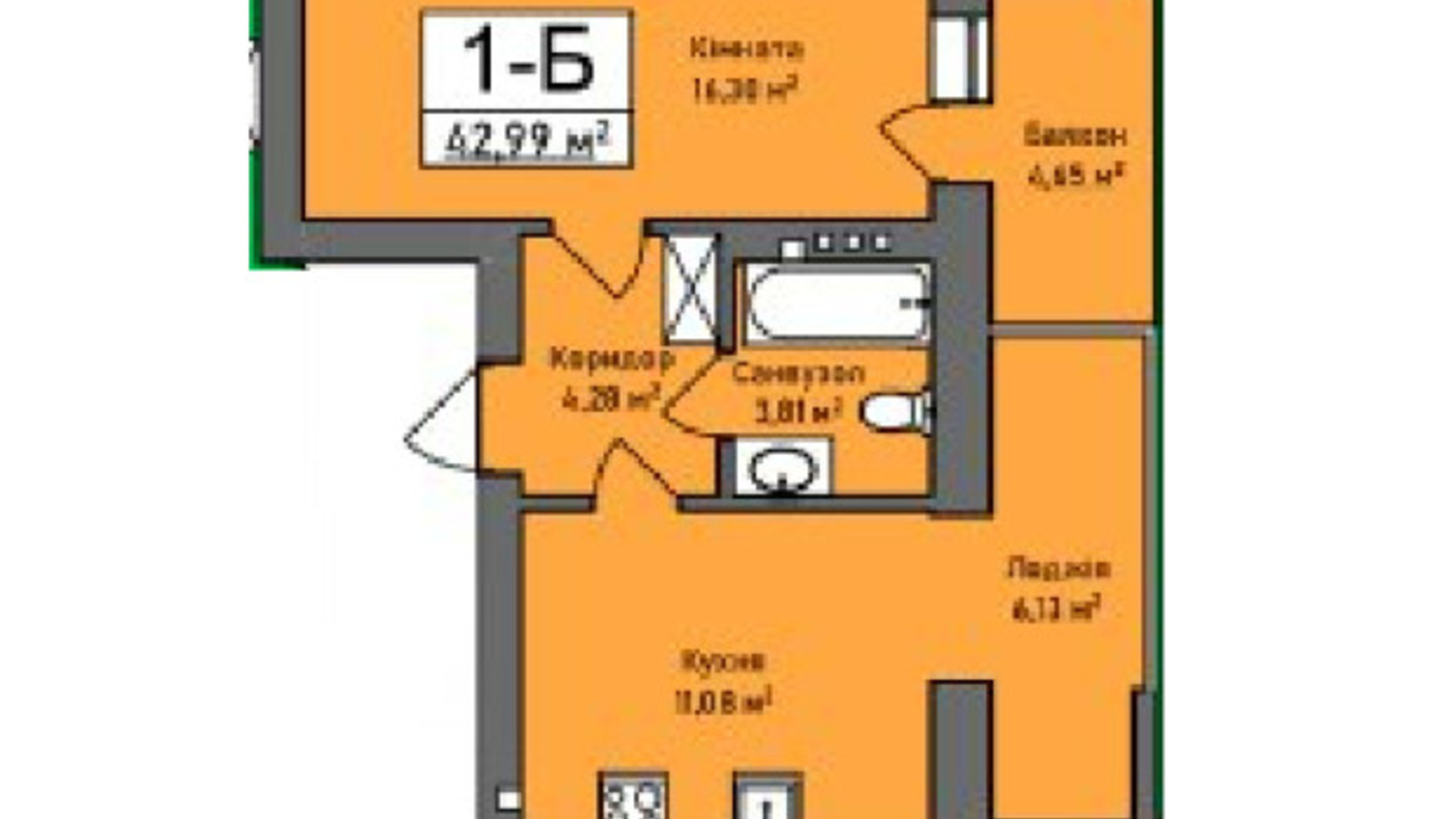 Планування 1-кімнатної квартири в ЖК Італійський 43 м², фото 596630