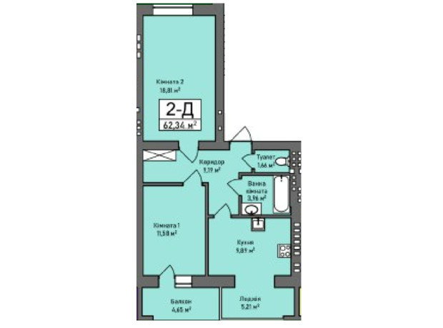 ЖК Итальянский: планировка 2-комнатной квартиры 62.5 м²