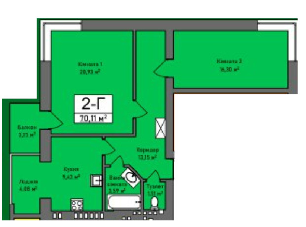 ЖК Итальянский: планировка 2-комнатной квартиры 70.1 м²