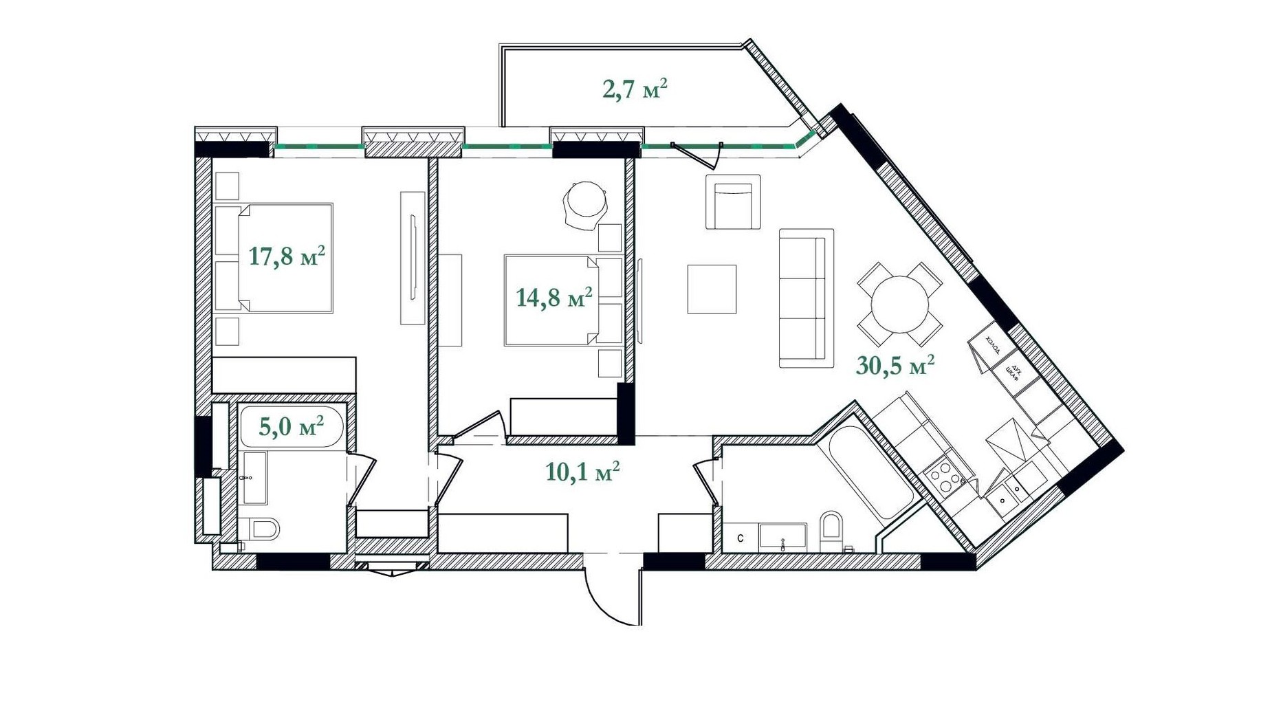 Планировка 2-комнатной квартиры в ЖК Illinsky House 86.8 м², фото 596967