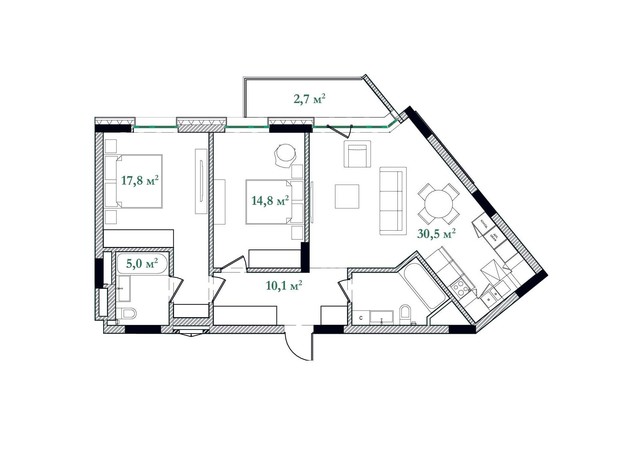 ЖК Illinsky House: планування 2-кімнатної квартири 86.8 м²