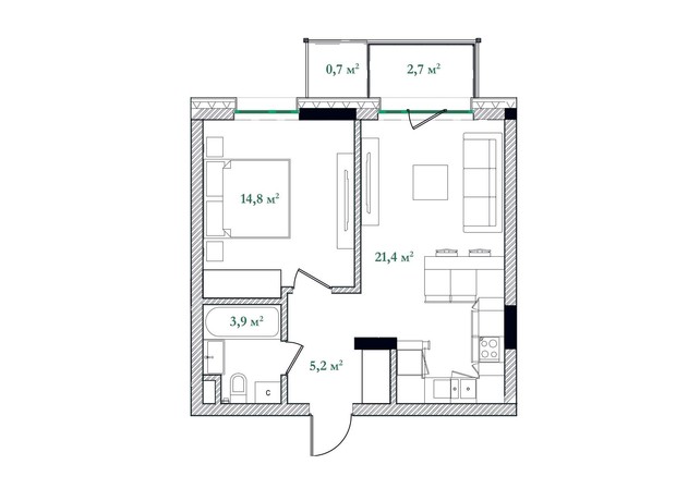 ЖК Illinsky House: планування 1-кімнатної квартири 48.6 м²