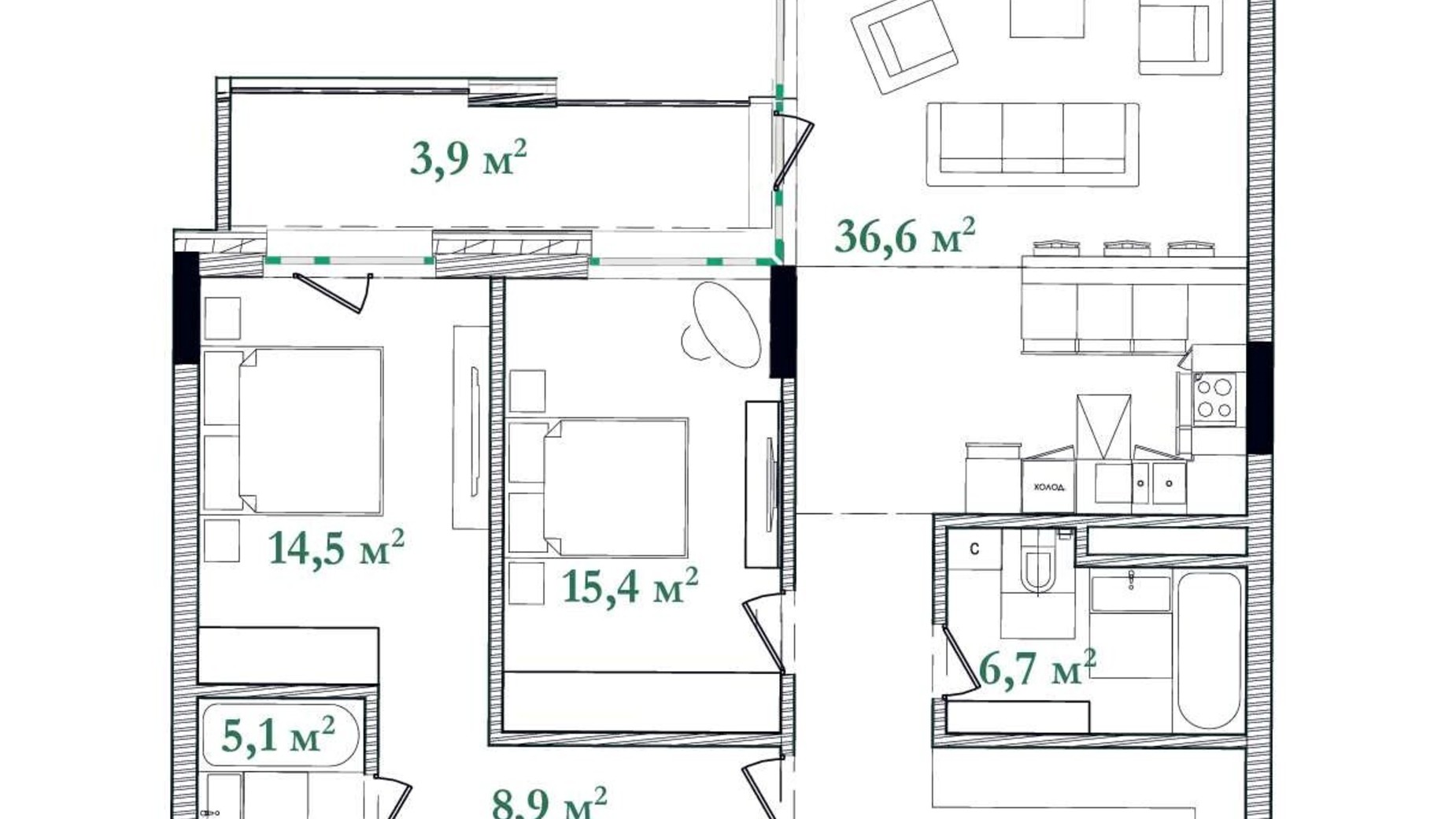 Планування 3-кімнатної квартири в ЖК Illinsky House 105.1 м², фото 596973