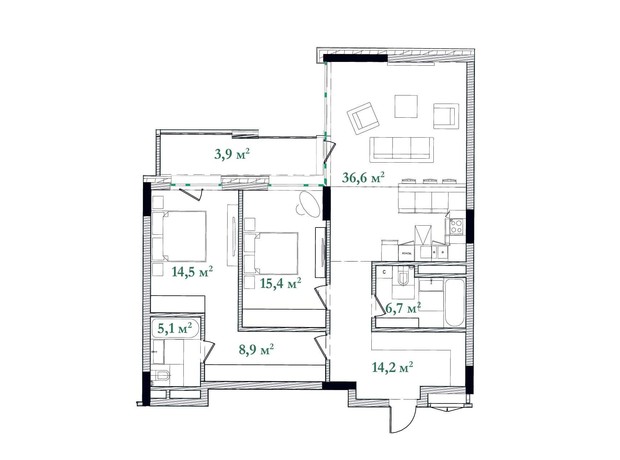 ЖК Illinsky House: планировка 3-комнатной квартиры 105.1 м²