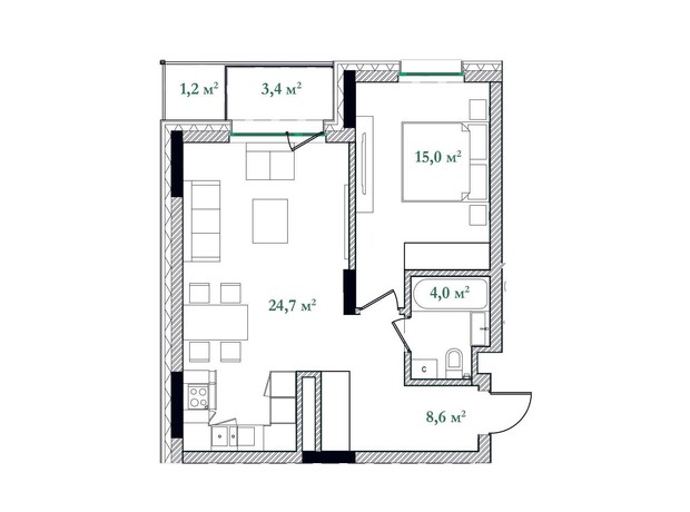 ЖК Illinsky House: планування 1-кімнатної квартири 56.9 м²