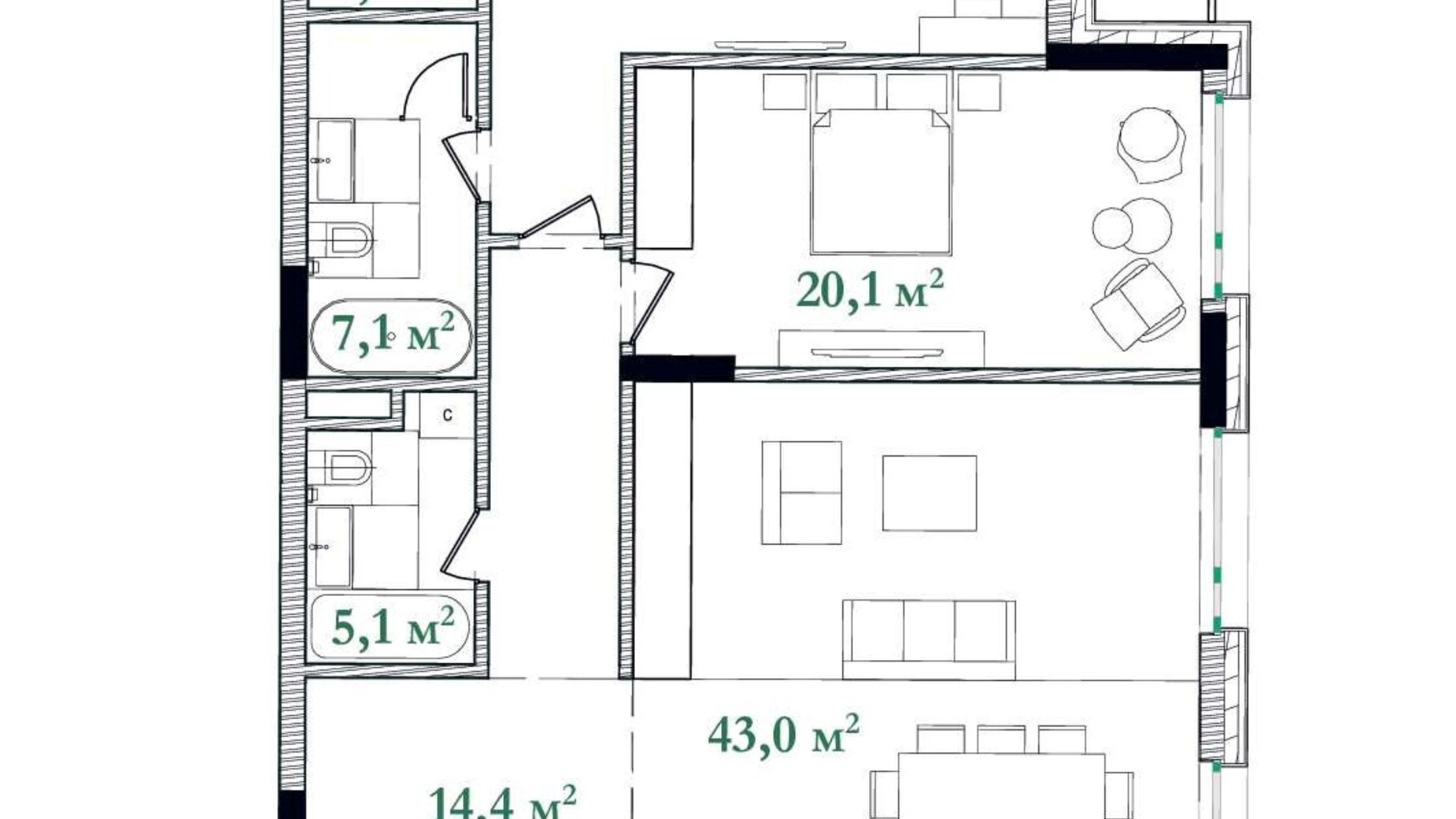 Планування 3-кімнатної квартири в ЖК Illinsky House 117.9 м², фото 596976