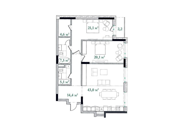 ЖК Illinsky House: планировка 3-комнатной квартиры 117.9 м²