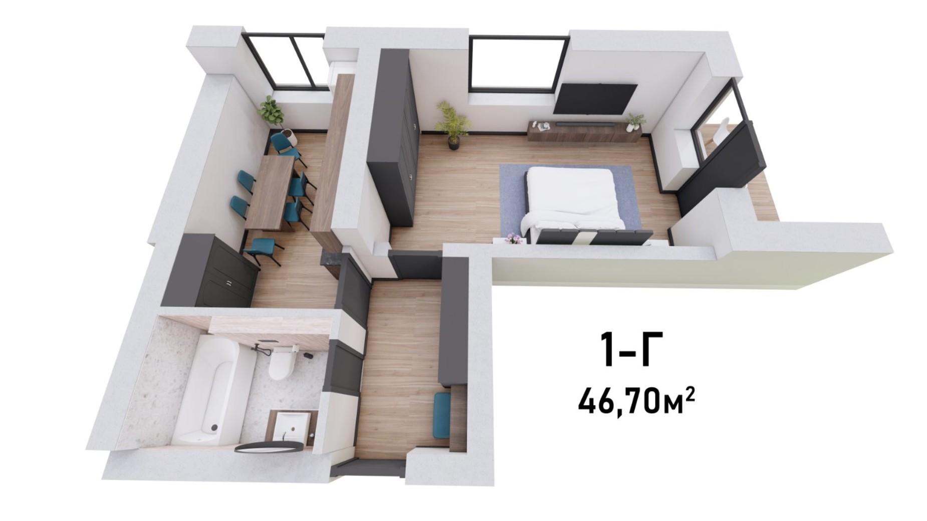 Планування 1-кімнатної квартири в ЖК Італійський 42.4 м², фото 597038