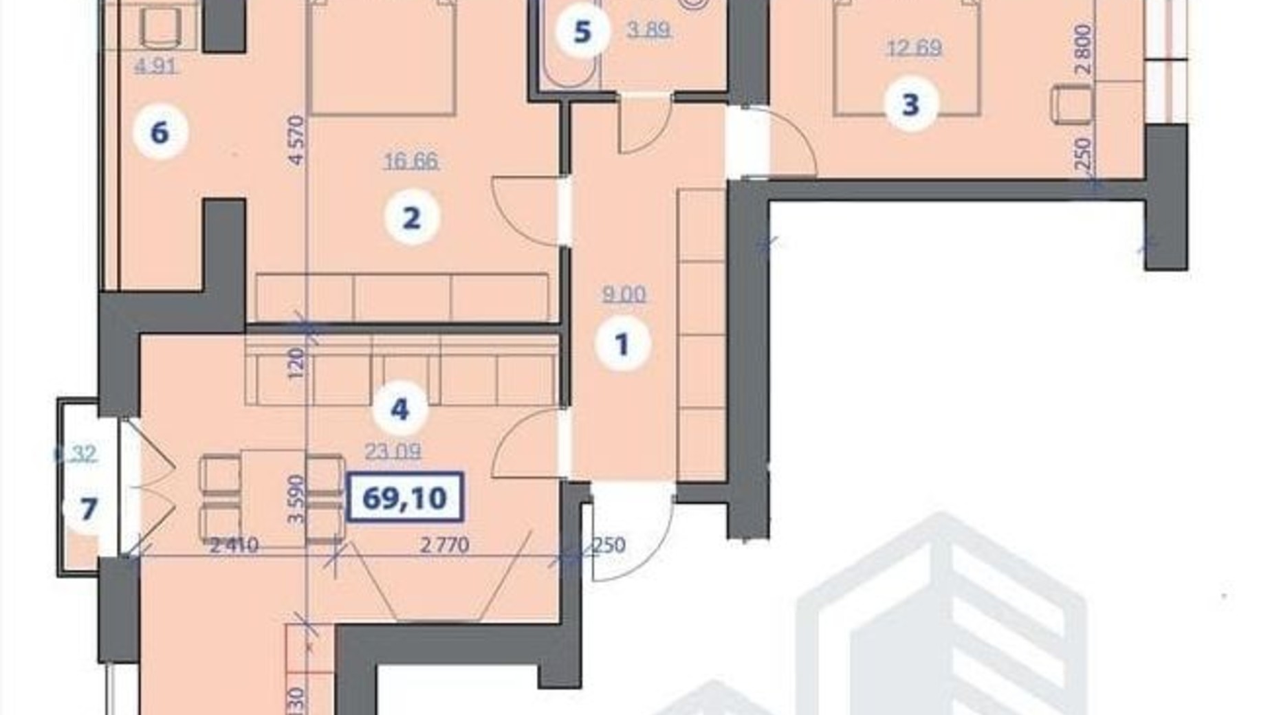 Планування 2-кімнатної квартири в ЖК Квартал Галицький 69.1 м², фото 597130