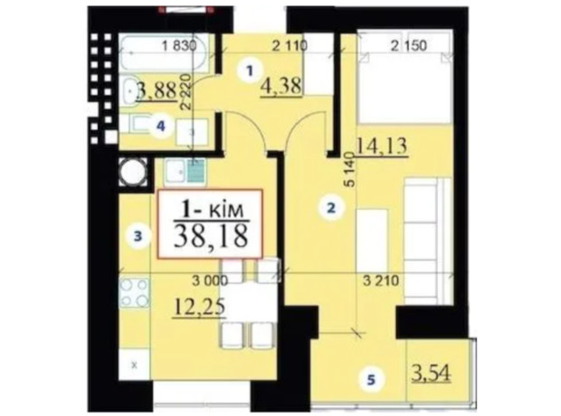 ЖК Липки 2: планировка 1-комнатной квартиры 38.18 м²