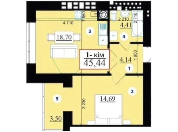 ЖК Липки 2: планировка 1-комнатной квартиры 43 м²