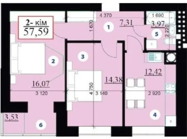 ЖК Липки 2: планування 2-кімнатної квартири 57.59 м²