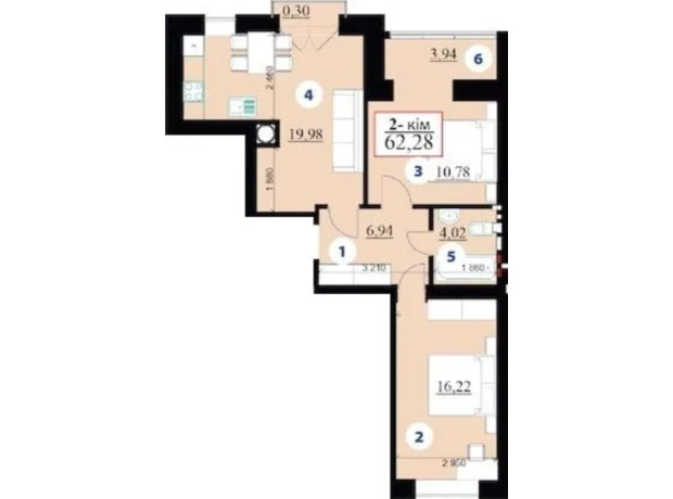 ЖК Липки 2: планування 2-кімнатної квартири 62.28 м²