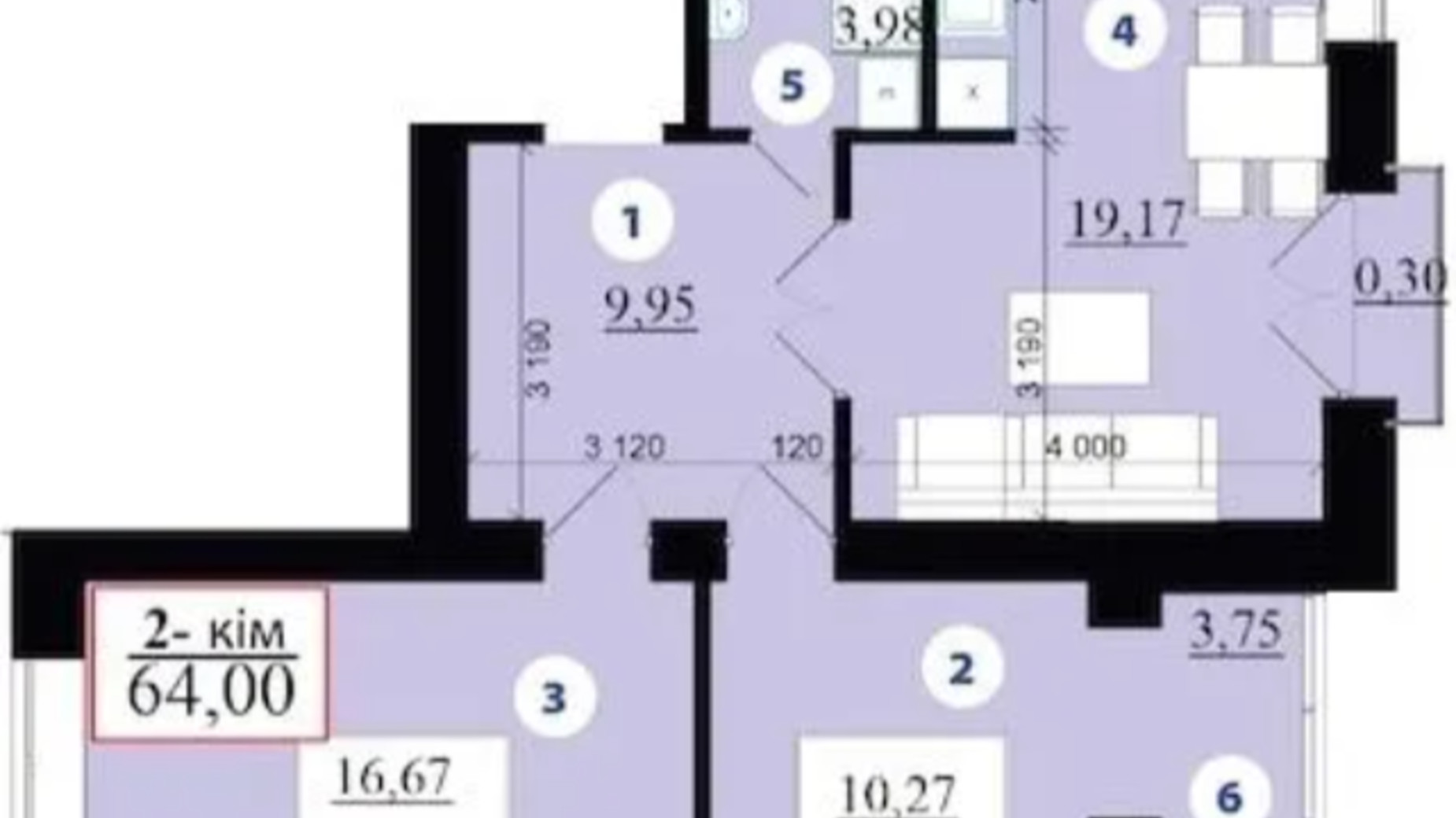 Планування 2-кімнатної квартири в ЖК Липки 2 64 м², фото 597150