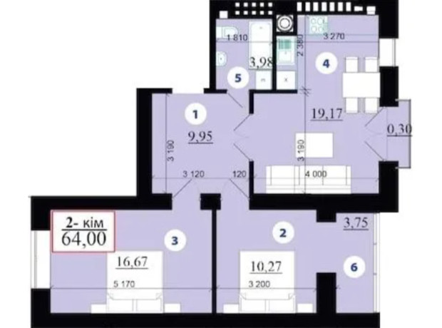 ЖК Липки 2: планировка 2-комнатной квартиры 64 м²