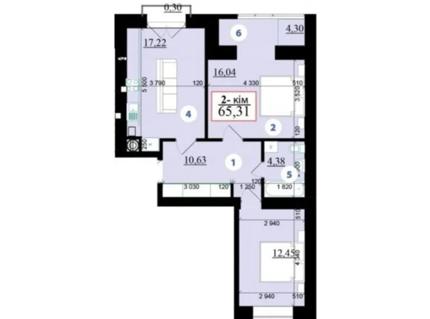 ЖК Липки 2: планування 2-кімнатної квартири 65.31 м²