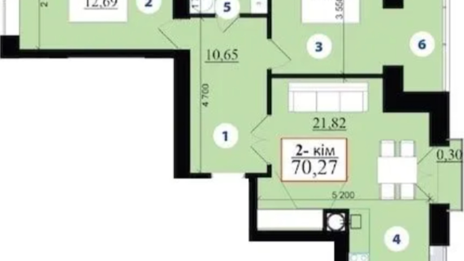 Планування 2-кімнатної квартири в ЖК Липки 2 70.27 м², фото 597158