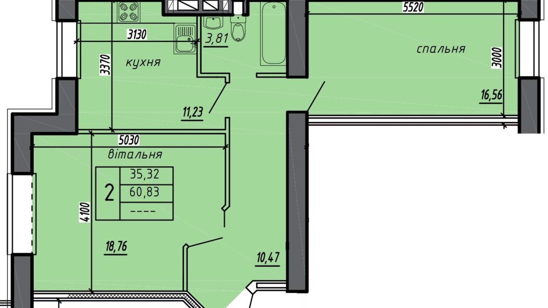 Планировка 2-комнатной квартиры в ЖК Черновецкий 60.83 м², фото 597194