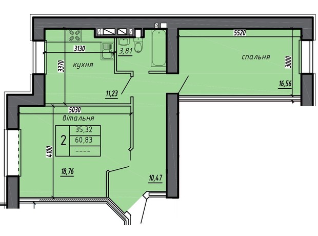 ЖК Чернівецький: планування 2-кімнатної квартири 60.83 м²