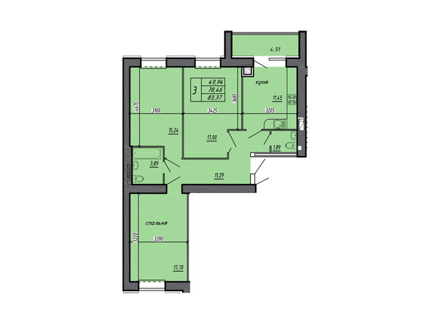 ЖК Чернівецький: планування 3-кімнатної квартири 83.37 м²