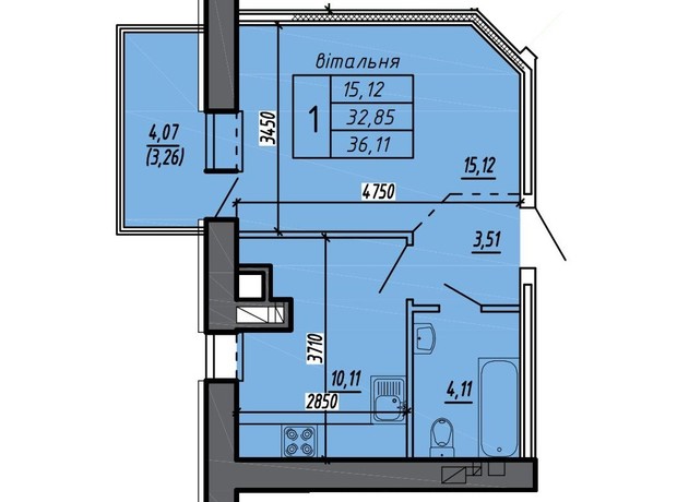 ЖК Черновецкий: планировка 1-комнатной квартиры 36.11 м²