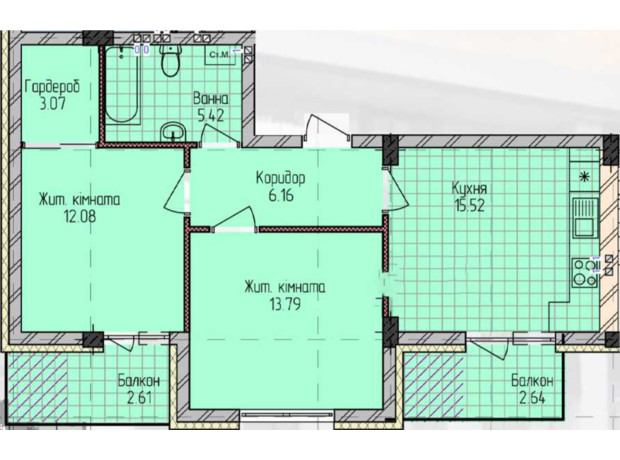 ЖК Оазис: планування 2-кімнатної квартири 61.29 м²