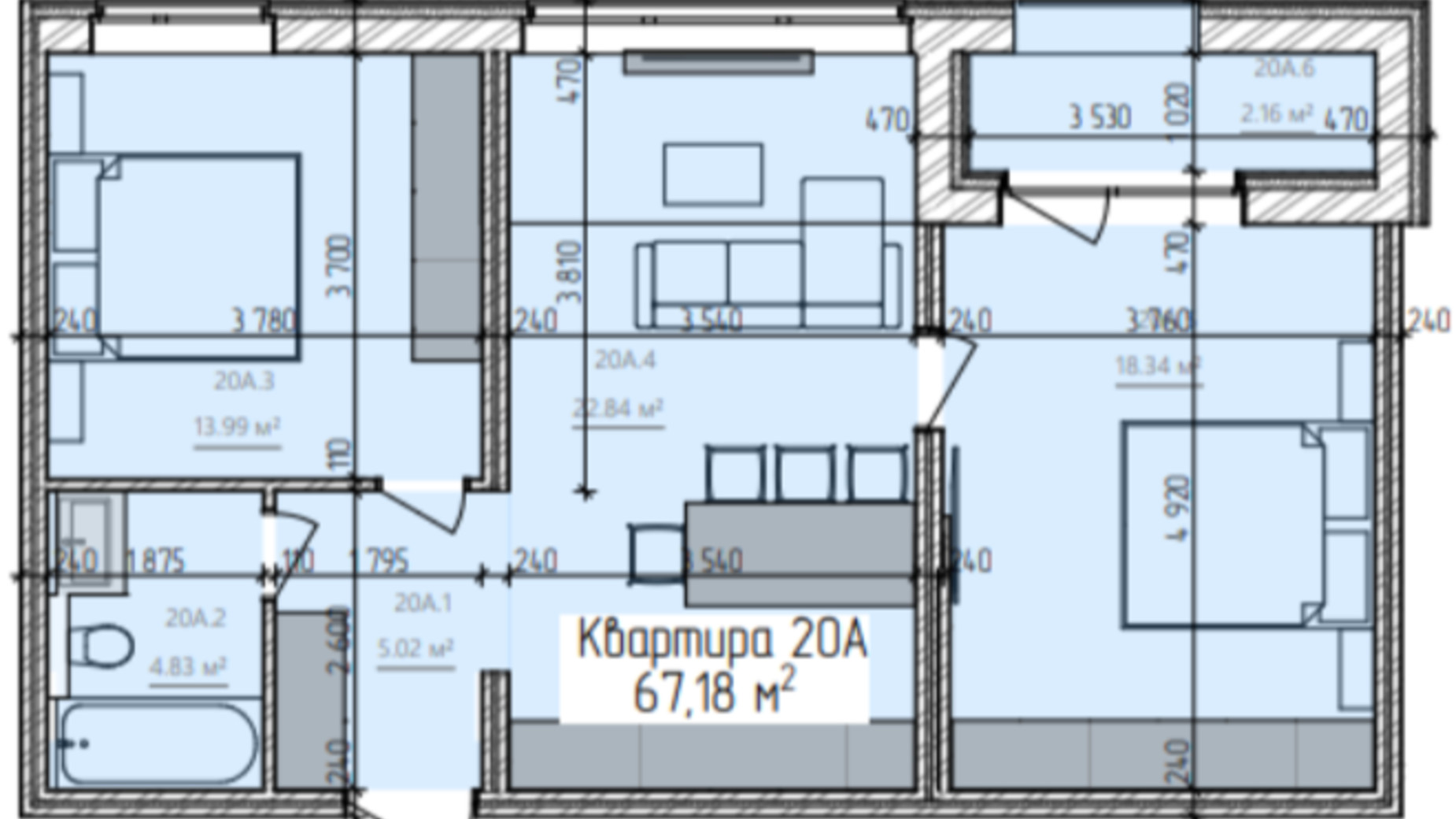 Планировка 2-комнатной квартиры в ЖК Simple 69.5 м², фото 597218