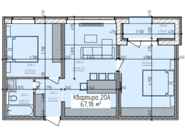 ЖК Simple: планировка 2-комнатной квартиры 69.5 м²