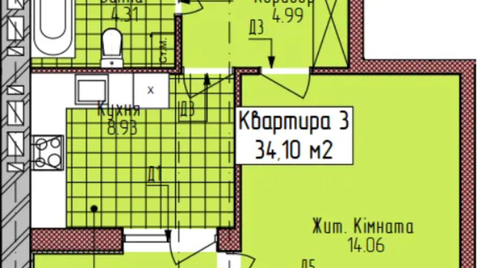 Планування 1-кімнатної квартири в ЖК вул. Богомольця, 19 34.1 м², фото 597393