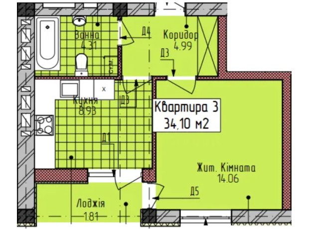 ЖК вул. Богомольця, 19: планування 1-кімнатної квартири 34.1 м²