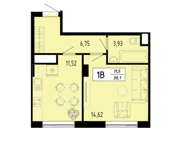 ЖК Академический: планировка 1-комнатной квартиры 30.1 м²