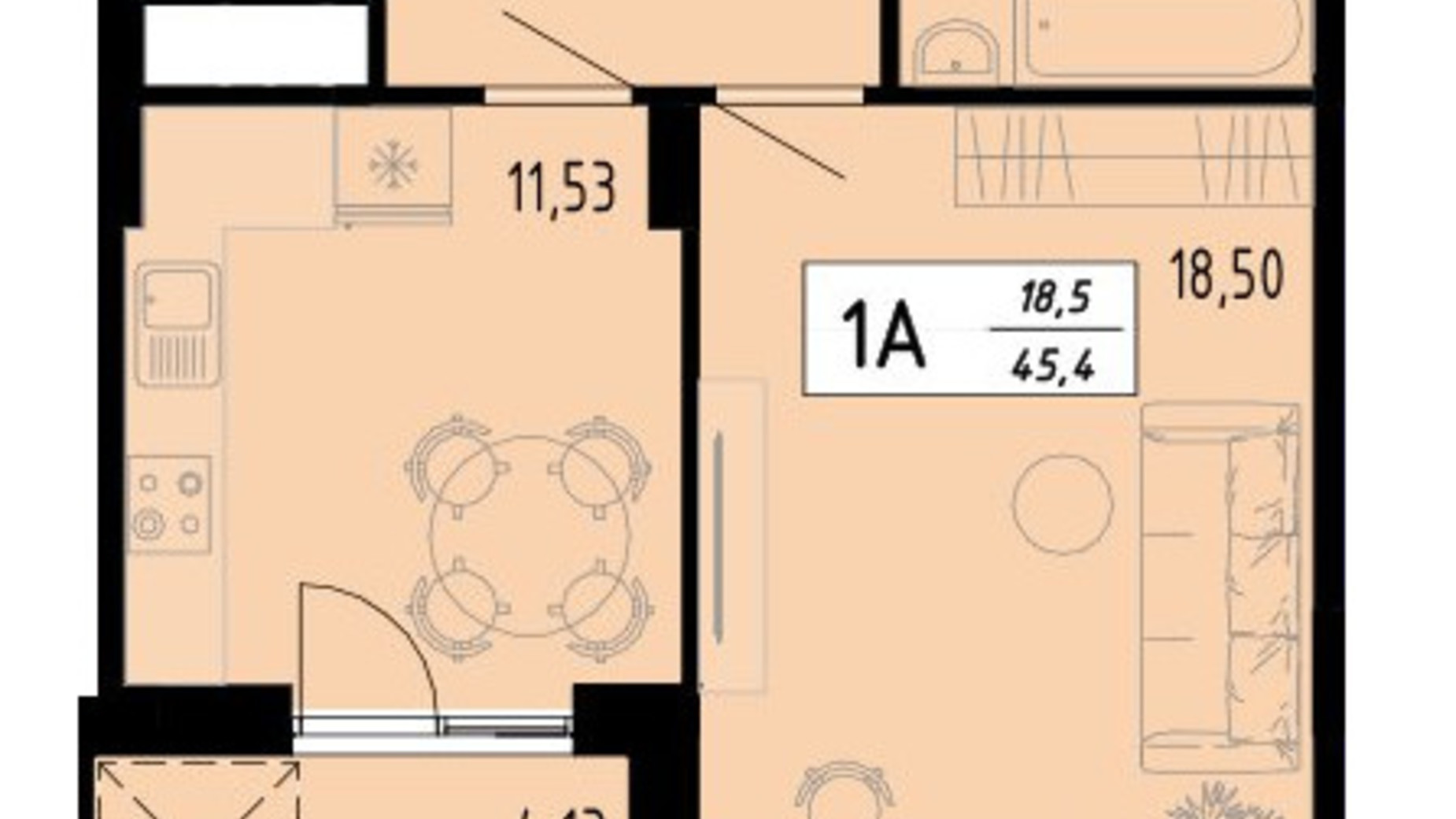 Планировка 1-комнатной квартиры в ЖК Академический 45.4 м², фото 597415