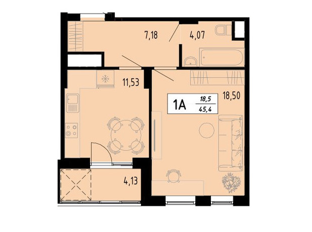 ЖК Академический: планировка 1-комнатной квартиры 45.4 м²