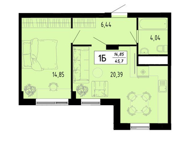 ЖК Академический: планировка 1-комнатной квартиры 45.7 м²