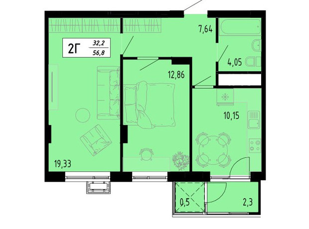 ЖК Академический: планировка 2-комнатной квартиры 56.8 м²