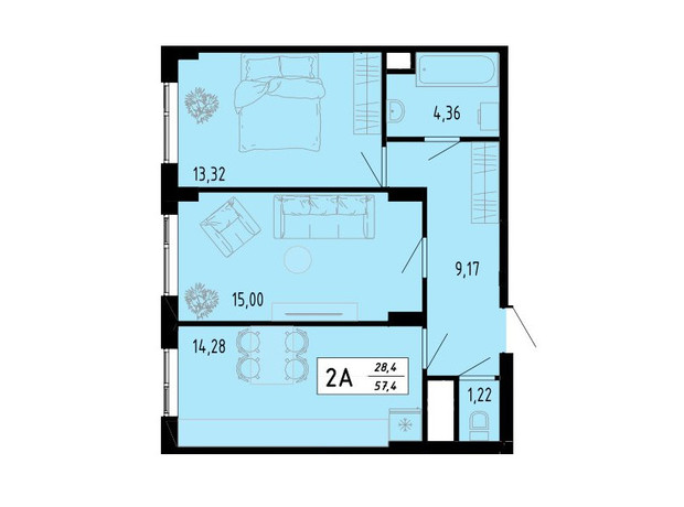 ЖК Академический: планировка 2-комнатной квартиры 57.4 м²