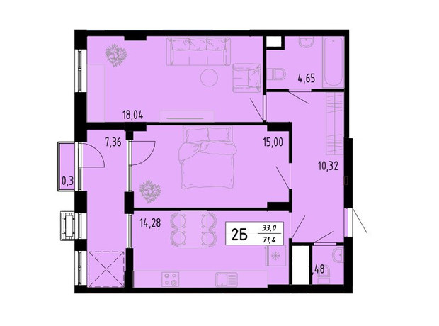 ЖК Академический: планировка 2-комнатной квартиры 71.4 м²