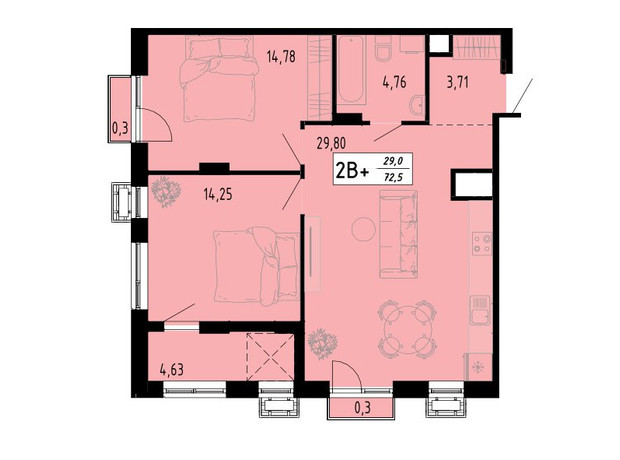 ЖК Академический: планировка 2-комнатной квартиры 72.5 м²