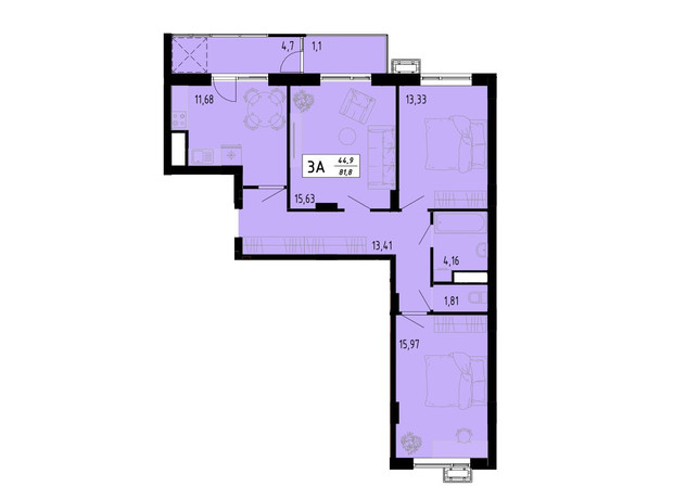 ЖК Академический: планировка 3-комнатной квартиры 81.8 м²